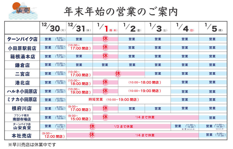 年末年始の営業のご案内